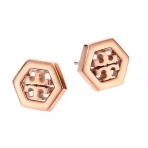 Tory Burch Rose Gold Stud Hex Logo Earrings